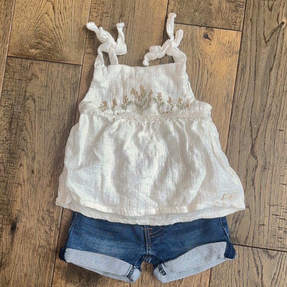 7 For All Mankind baby White Floral Embroidered Top and denim shorts